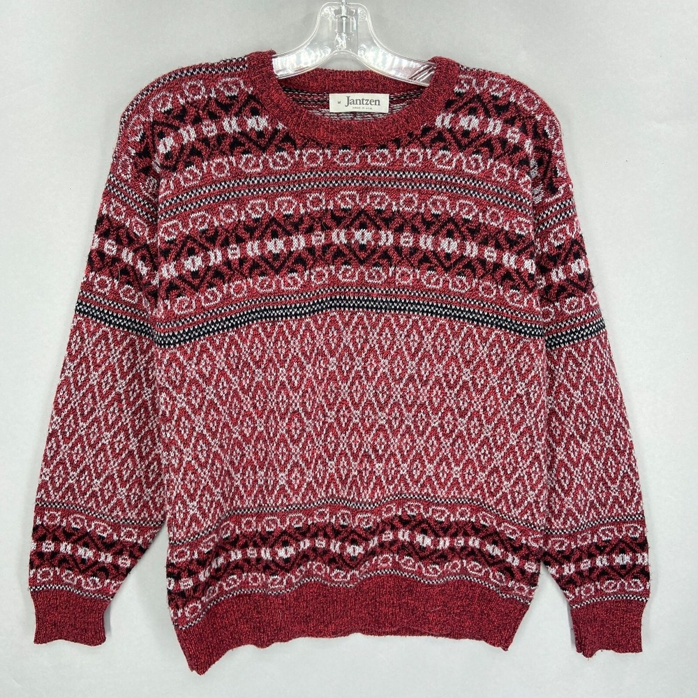 Vintage Jantzen Sweater Mens Medium Red Fairisle Crew‎ Pullover Grandpa USA 80s